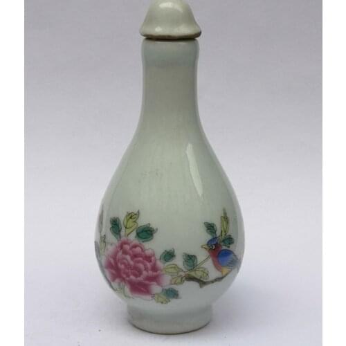 YIZHU CULTUER ART Collection Old Chinese Famille rose Porcelain Painting Bird Flower Snuff Bottle Decoration Gift