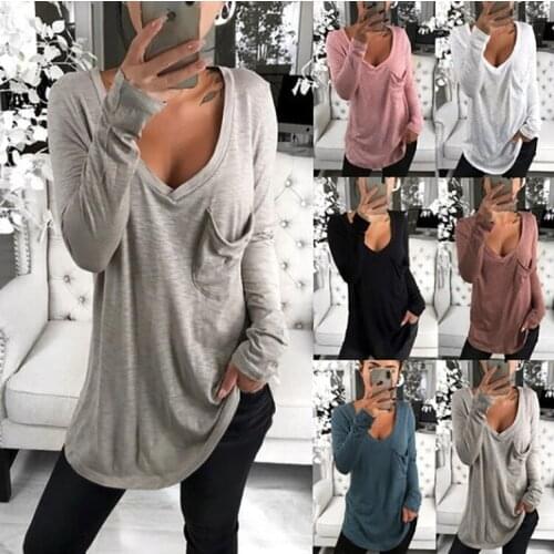 Fall 2019 Women T-shirt V-collar Loose Pocket Long Sleeve T-shirt Top In Autumn and Winter Plus Size Casual Long Tee Camiseta