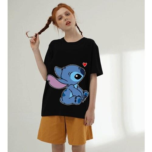 Disney Summer Short Sleeve T-shirt Ladies Harajuku Cartoon Print Kawaii Stitch T-shirt Loose Oversized Ladies T-shirt Y2K New