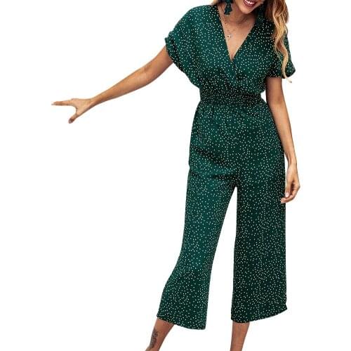Womens Sexy V-Neck Polka Dot Print Jumpsuit with Pockets