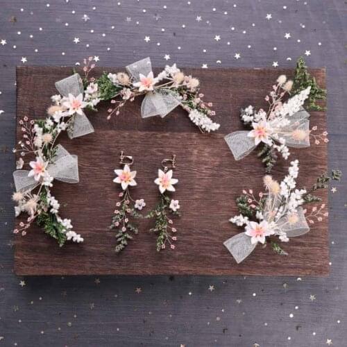 FORSEVEN Elegant Romantic Pink Bowknot Flower Headdress Hairclip Earrings Set Bridal Bride Wedding Garland Princess Wreath Crown