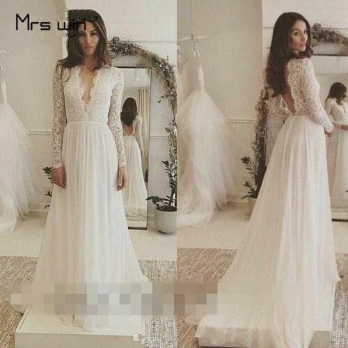 Mrs win Wedding Dress Deep V Collar Wedding Dresses Long Sleeve Vestido De Noiva Elegant Backless Bridal Ball Gowns HR026
