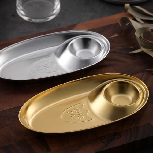 304 stainless steel snack plate Oval French fries plate with seasoning grid Golden jiaozi plate Fried chicken snack plate