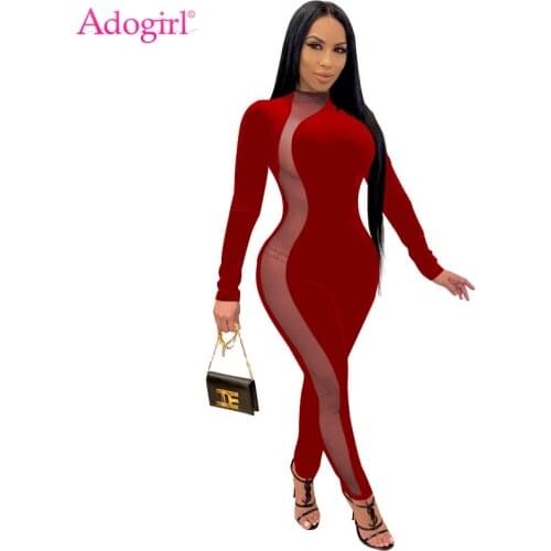 Adogirl Side Sheer Mesh Patchwork Women Velvet Jumpsuit O Neck Long Sleeve Skinny Romper Christmas Autumn Winter Club Overall