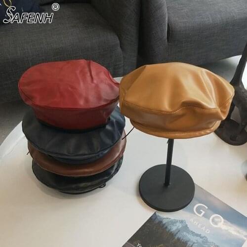 Women Vintage Faux PU Leather Beret Hat Autumn Winter Flat Cap Solid Black Coffee Camel Wine Red Navy Fashion French Cap