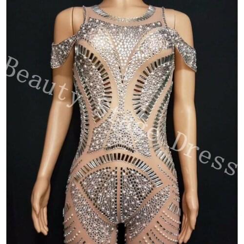 Sparkly Silver Rhinestones Mesh Jumpsuit See Through Birthday Celebrate Outfit Nightclub Party Dance Female Singer Show Clothes