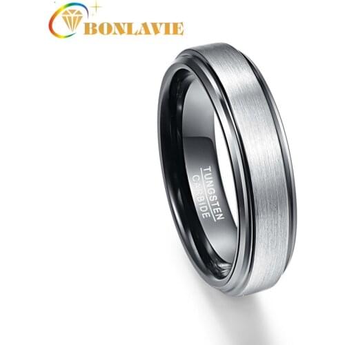 BONLAVIE 6mm Black Mens Tungsten Carbide Rings Brushed Finish Wedding Band with Step Beveled Edge Comfort Fit Size 7-12