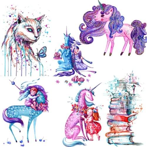 Colorful Unicorn Animal Patch Cat Iron On Transfers For Clothing Book Paint Applique Heat Transfer Patches Thermo-sticker Stripe
