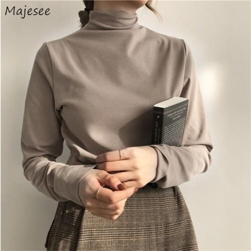 Long Sleeve T-shirts Turtleneck Solid 2020 Chic Elegant All-match Warm Thickening Slim Tops Fashion Casual Harajuku Clothes Tide