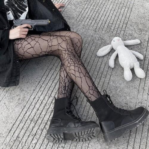 Gothic Black Women Cobweb Tights 2021 Hipster Dark Lolita Girl Sexy Hollow Out Spider Web Slim Leggings Gothic Streetwear