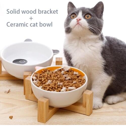 Ceramic Dog Cat Bowl Puppy Food Bowl With Wood Stand Bracket Porcelain Water Feeder Bowl Food Bowl Pet Supplies Drop shipping