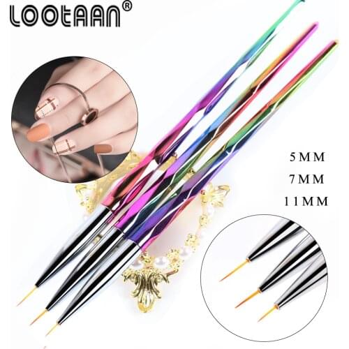 Lootaan Nail Brush 3Pcs/Set Coloful Handle Nail Art Liner Painting Pen Acrylic UV Gel Brushes Carving Line Grid Manicure Tool