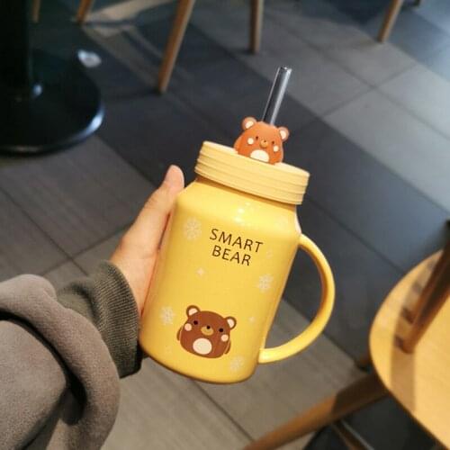 Lovely Ceramic Mug with Cover Straw Cup Girl Heart Student Han Feng Childrens Water Cup Household Straw Cup Creative Coffee Cup