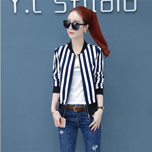Stripe Short Jackets For Women thin Coats Spring Autumn Feminine Outwear long sleeve collar baseball uniform fashion Streetwear