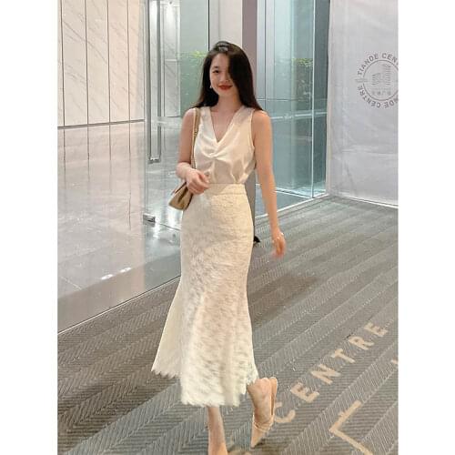 Summer Two-Piece Suit Women Sleeveless Chiffon Shirt Top +Mid-Length High Waist Bag Hip Skirt Lace Fishtail Skirt Two-Piece Suit
