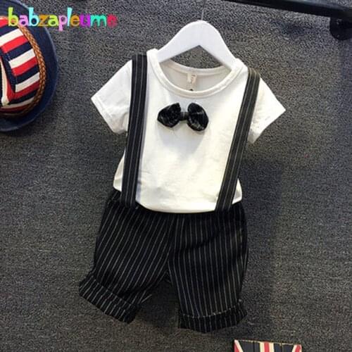 Summer Toddler Boy Clothes Casual Children Clothing Baby Boy Suit Short Sleeve Tie T-shirt+Shorts-Suspender 2pcs Set 0-7T BC1094