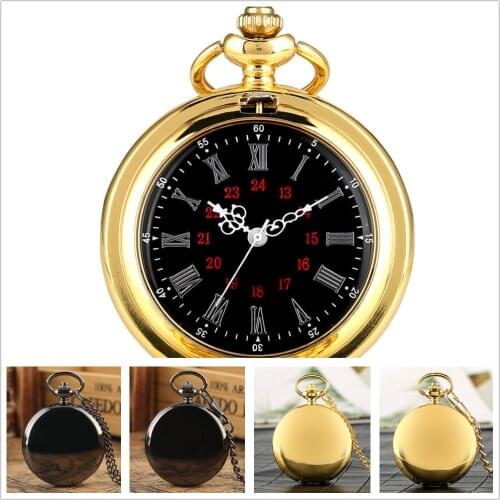 Minimalist Retro Smooth Mirror Quartz Pocket Watch Full Hunter Fob Necklace Pendant Timepiece Black Roman Numerals Dial Clock