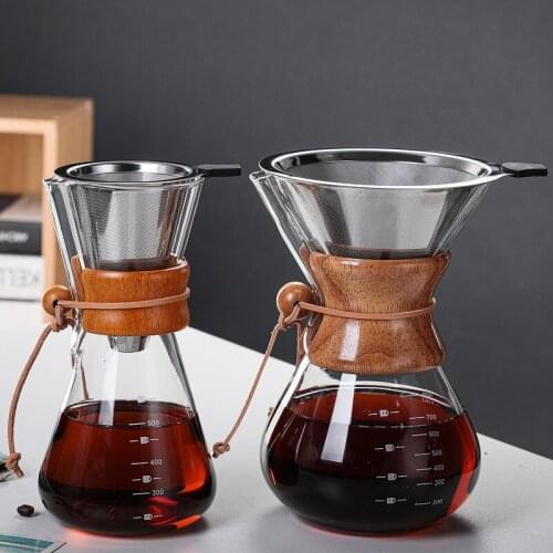 400ML 600ML 800ML Pour Over Coffee Maker with Real Wood Sleeve Reusable Stainless Steel Permanent Filter Manual Coffee Dripper
