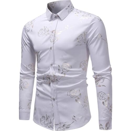 Mens Hipster Gold Rose Printed Long Sleeve Dress Shirts Slim Fit Button Up Shirt Men Party Wedding Prom Performing Shirt Male