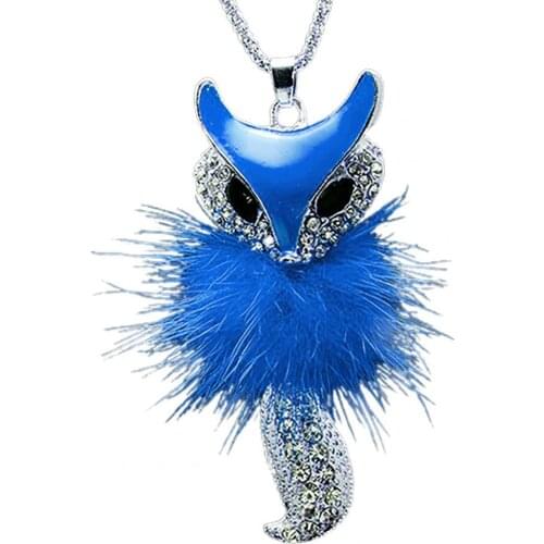 New Womens Rhinestone Faux Fur Cute Fox Pendant Long Sweater Necklace Jewelry