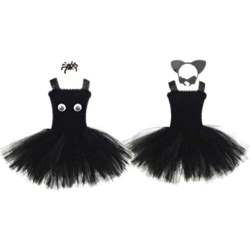 Hair Hoop Little Girls Halloween Cosplay Black Spider Cat Tutu Dress with Hair Accessories Suit