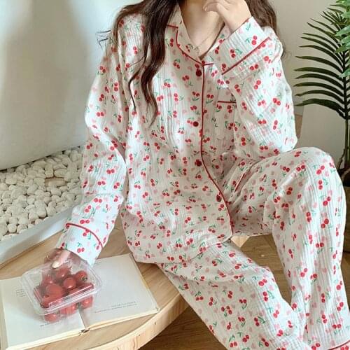 Cherry Print Autumn Pajamas Set Women Sweet Single Breasted Shirts + Trousers Set Two Piece Home Suit Cotton Casual Homewear