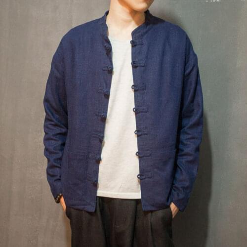 Autumn Chinese Style Mens Clothing Stand Collar Jacket Long Sleeve Coil Buckle OuterWear Cotton Linen National Hanfu Coat Tang