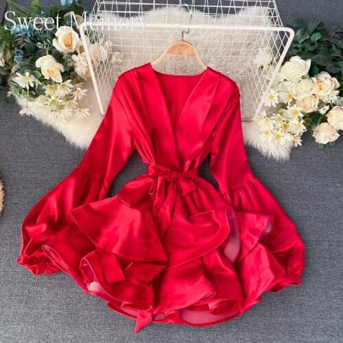 Sweet Memory Purple Yellow White Black Clothing V-Neck Lantern Sleeve Dresses