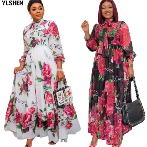 Print African Dresses for Women Plus Size Africa Clothing African Dress Dashiki Fashion Bow Pleated Robe Femme Ladies Clothes