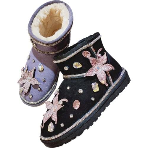 Plus Size EU43 Luxury Rhinestones Studded Warm Winter Boots 2020 Cowhide Bling Crystals Floral Fur Snow Boots Warm Winter Shoes
