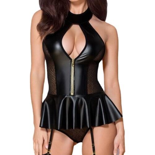 New Plus Size S-4XL Adult Black Nightclub Patent Leather Clothing Women Faux Leather Bodycon Fetish Jumpsuit PU Lace Bodysuit