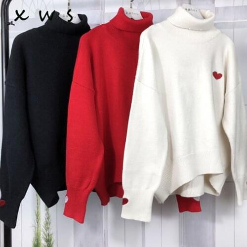Love embroidery turtleneck sweater 2018 autumn winter long sleeve thick kint pullover and sweater casual jumper female top