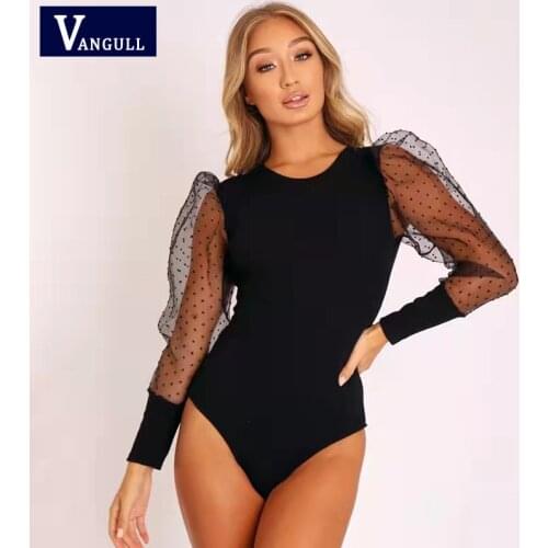 Vangull O-neck Puff Sleeve Polka Dot Mesh Long-sleeved Top Women European And American Net Red Same Style Pullover Jumpsuit