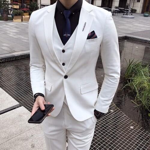 Spring New Style Fashion Gentlemen White Man Suits Slim Fit Groomsmen Tuxedo For Wedding Dinner Party Suits (Jacket+Vest+Pants)