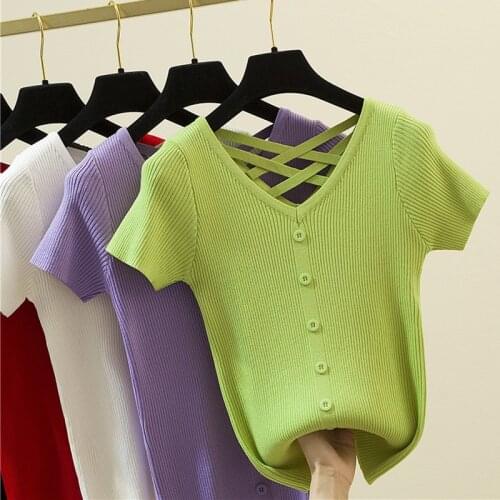 Backless T-Shirt Woman Bandage V-Neck Knitted T Shirt Women Tees Button 2021 Thin Slim Short Sleeve Summer Tops Camisetas Mujer