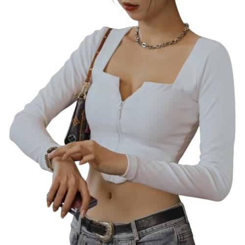 Women Fashion Long Sleeve Zipper Tops Stylish Solid Color Crop Top for Ladies Female