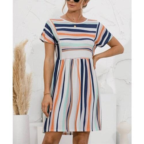 Summer Dress For Women 2021 European American Leisure Stripe Print Stitching Round Neck Fashion All-Match Short Dresses Outfit