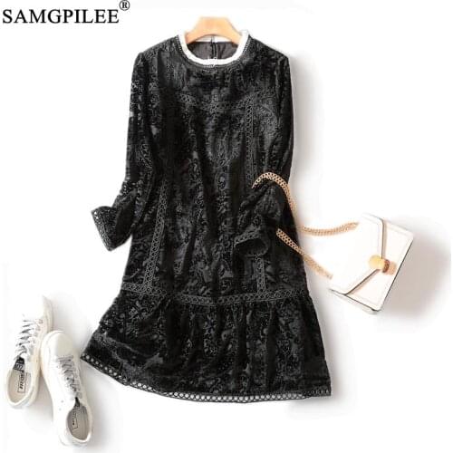Summer Clothes For Women 2021 Vintage A-line Solid Three Quarter Sleeve Lace Knee-length Empire O-neck Dresses For Woman 3XL