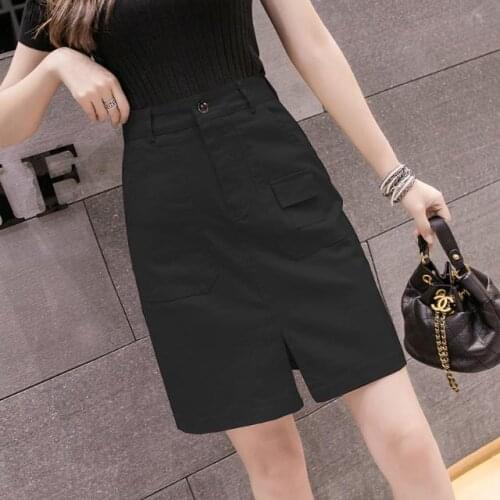 2020 New Summer Womne Above Knee Korean Style Fashion Solid High Waist Denim Skirt Lady Casual Package Hip Slit Jeans Skirt Z120