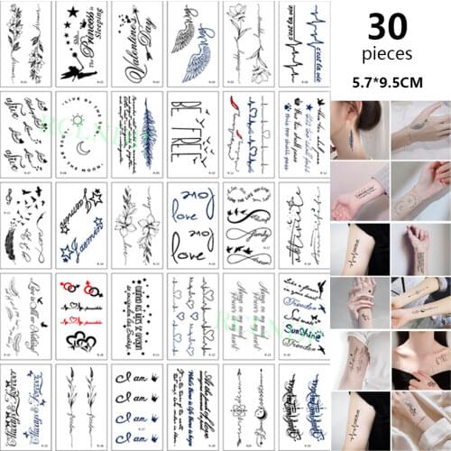 30 Pcs Waterproof Temporary Tattoo Sticker set Be Free Love Feather Wings Flower Flash Tatoo Fake Tatto for Men Women