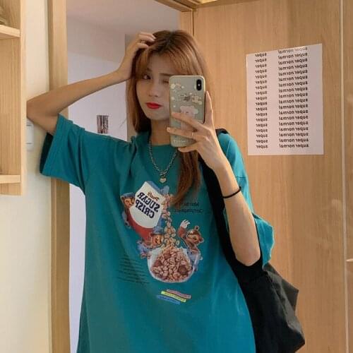 Womens T-shirts Tops Japanese Kawaii Ladies Ulzzang Loose Ins Cartoon Print T-shirt Female Korean Harajuku Clothes For Women