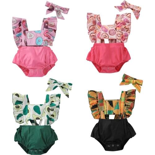 FOCUSNORM 4 Colors Newborn Baby Girls Boys Rompers Pattern Printed Ruffles Short Sleeve Backless Jumpsuits Headband