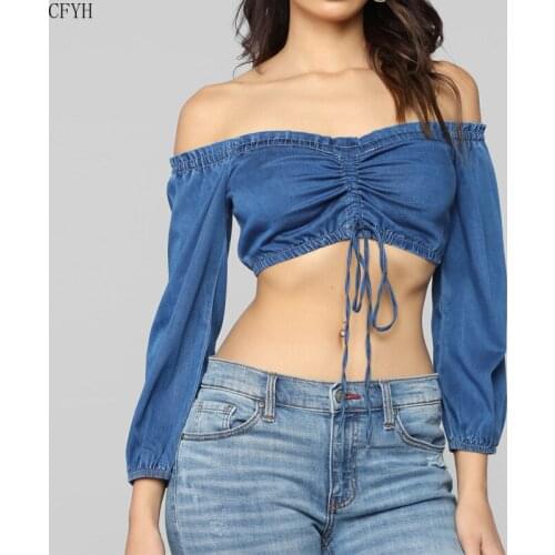 Summer Women Sexy Off Shoulder Solid T-shirt Fashion Sexy Wrap Chest Crop Tops Jeans T-shirt Women Sexy Cropped Tops