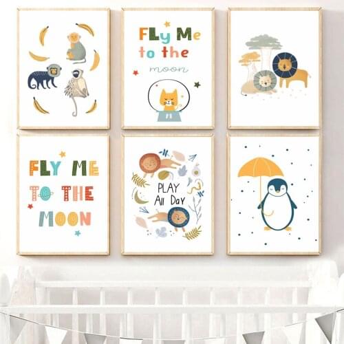 Space Kawaii Cartoon Lion Cat Monkey Penguin Wall Art Canvas Painting Nordic Posters And Prints Wall Pictures Kids Room Decor