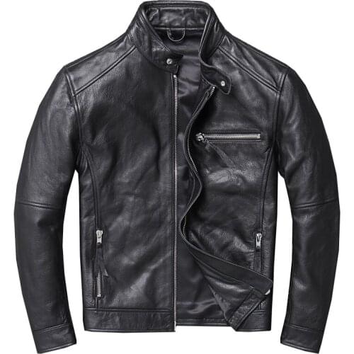 Mens Genuine Leather Cowhide Motorcycle Leather Jacket Riding Jacket Aautumn Winter Coat