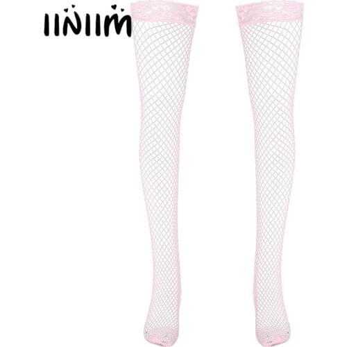 Mens Socks Summer See-through Fishnet Stockings Lace Trimming Man Sexy High Socks Hollow Out Mesh Hosiery Thigh-highs Socks