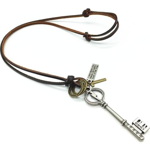 New Brown Casual Genuine Leather Bronze Alloy Hoops Cross 1983 Letters Key Pendant Women Men Necklace Male Wholesale Jewelry