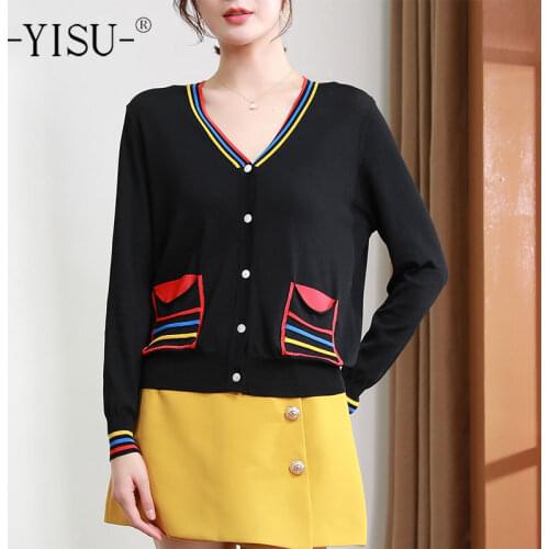 YISU New Spring Casual Women Sweater Cardigan All-match V-Neck Spring tops Long sleeve Cardigan Female pocket Knitted Cardigan