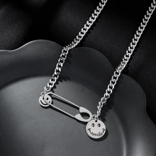 Origin Summer Hiphop Paper Clip Smile Stainless Steel Necklaces for Women Silver Color Chunky Chain Sweater Pendant Necklace