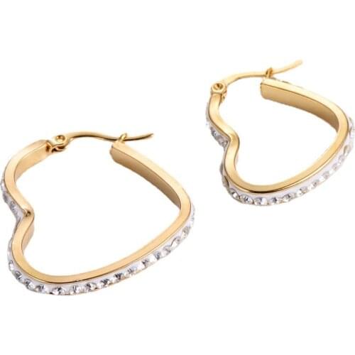 Exaggerated Titanium Steel Earrings Rhinestone Electroplated Polished Heart Earrings